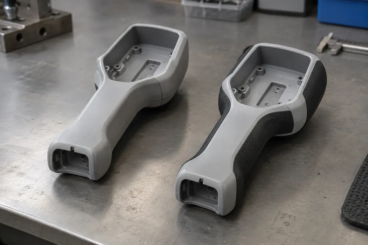 AI-generated illustrative rigid instrument housing with a soft black overmolded grip
