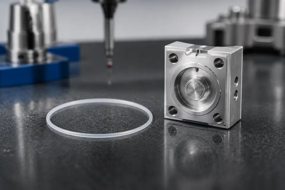 Thin LSR sealing ring beside an aluminum rapid tool