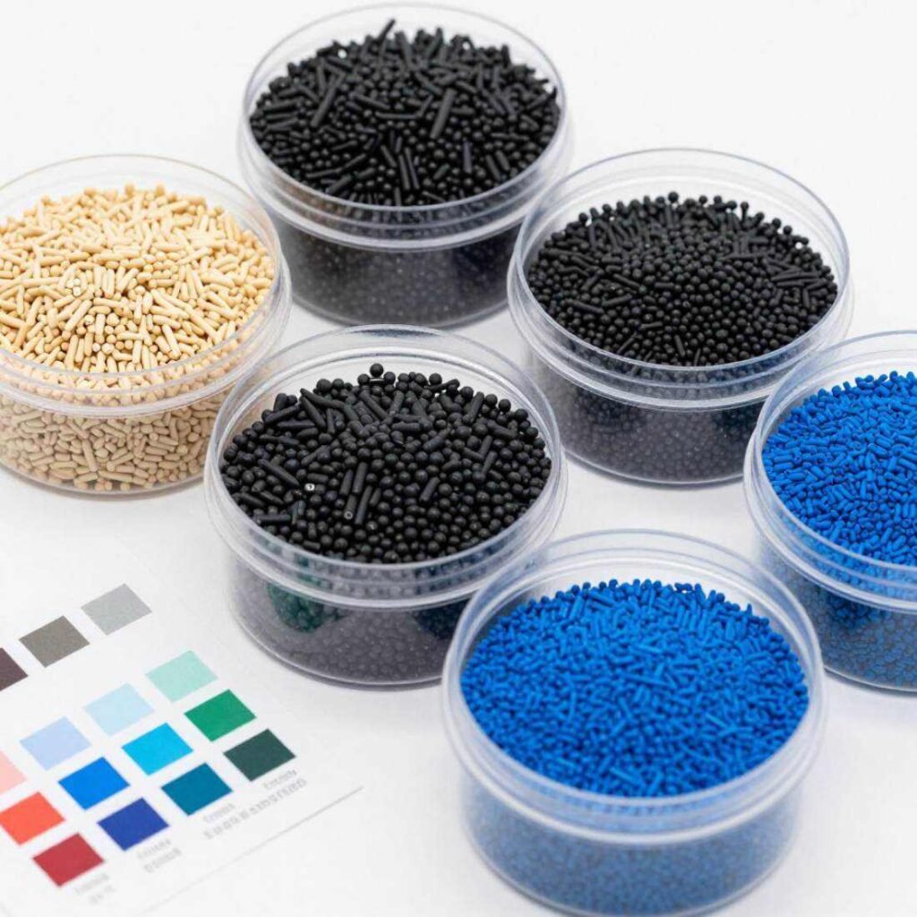 Different HDPE material formulations showing various colors and properties for injection molding services