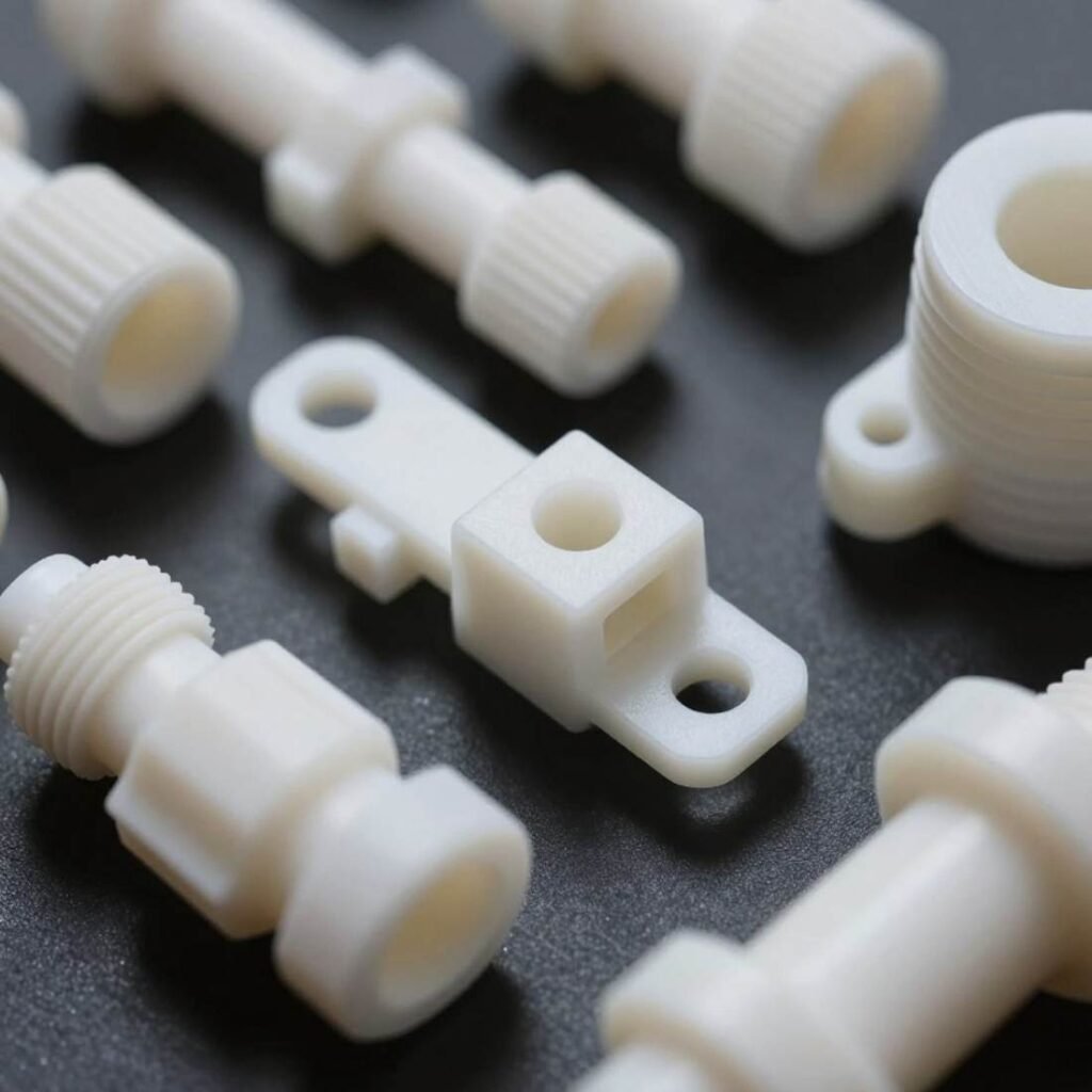 HDPE injection molded parts with various design features like snap-fits and living hinges